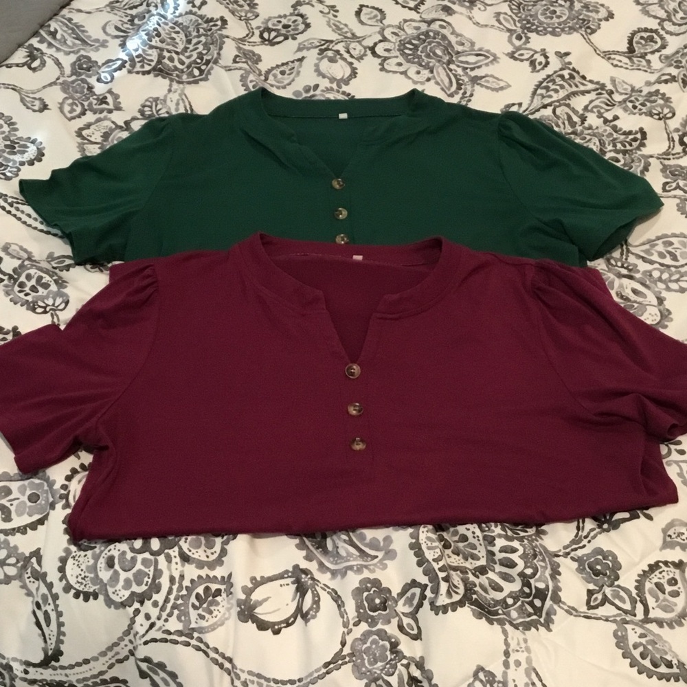 2 Amazon Women's Short Sleeve Henley Tee - Burgundy & Green